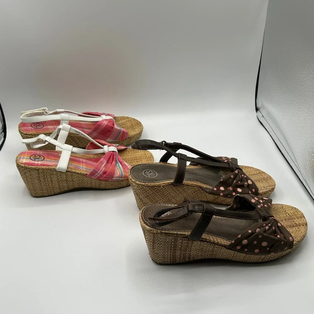 TKS Phoebe 556 Girls Wedge Sandals Lot 2 Pairs Pink Plaid Brown Polka Dot 3M